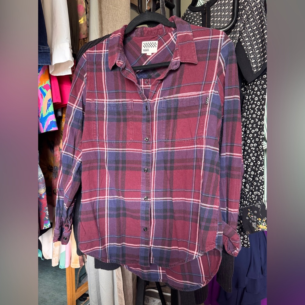 Vans Women's Plaid Button Down Shirt - Burgundy and Navy